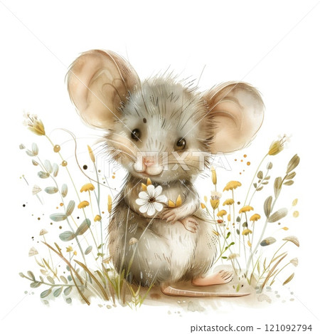 Adorable Baby Mouse in Wildflower Meadow with Butterflies 121092794