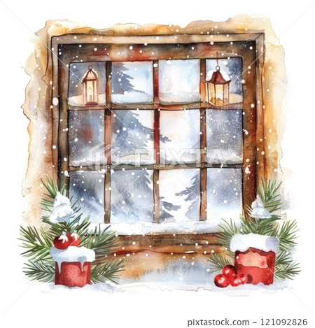 Rustic Holiday Window with Snow, Evergreen Branches, and Red Ornaments in Winter Scene 121092826