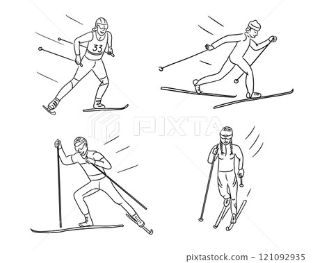 Line art illustrations of cross country skiers Line art illustrations of cross country skiers 121092935