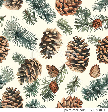 Pattern featuring detailed pinecones and evergreen branches on a light background showcasing natural elements. 121093001
