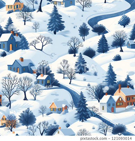 Winter landscape featuring snowy hills, cozy homes, and winding roads in a serene rural setting. 121093014