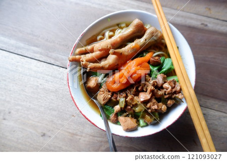 One bowl of traditional Indonesian chicken noodles. 121093027