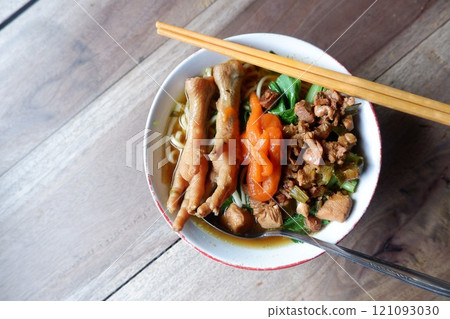 One bowl of traditional Indonesian chicken noodles. One bowl of traditional Indonesian chicken noodles. 121093030