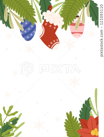 Festive Poster template frame featuring a red stocking, hanging ornaments, greenery, a poinsettia, and snowflakes on a light background with blank space. Festive Poster template frame featuring a red stocking, hanging ornaments, greenery, a poinsettia, and snowflakes on a light background with blank space. 121093110