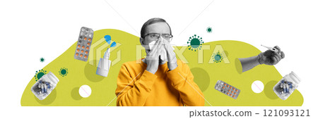 Banner. Contemporary art collage. Man sneezing into tissue, surrounded by thermometer, pills, and virus icons, depicting precautions and remedies during flu season. 121093121