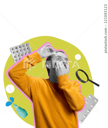 Contemporary art collage. Man applying eye drops with blister packs and magnifying glass nearby, emphasizing importance of eye care and proper health coverage. Contemporary art collage. Man applying eye drops with blister packs and magnifying glass nearby, emphasizing importance of eye care and proper health coverage. 121093123