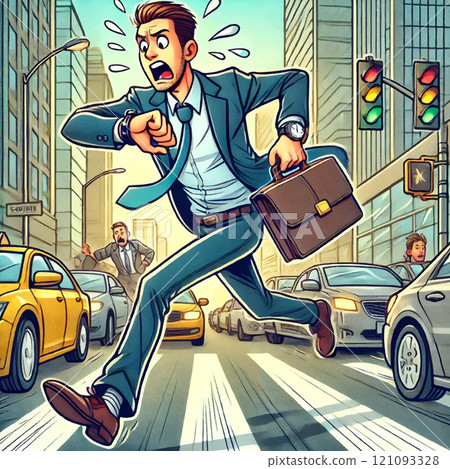 Cartoon vector illustration of a businessman running in a busy city street, rushing through traffic, showcasing urban stress, time management and corporate lifestyle in a modern dynamic style 121093328