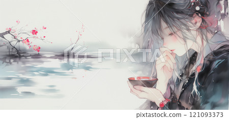 A woman drinking alcohol. Watercolor. Illustration. 121093373