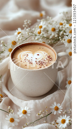 Hot latte coffee and chamomile flowers on white stone background. Springtime or summer floral concept. 121093407