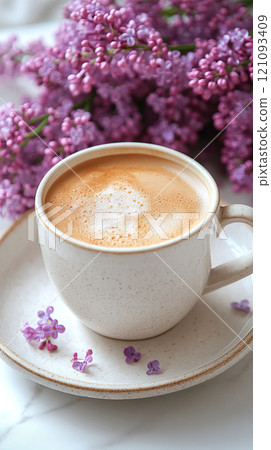 Hot latte coffee and lilac flowers on white stone background. 121093409