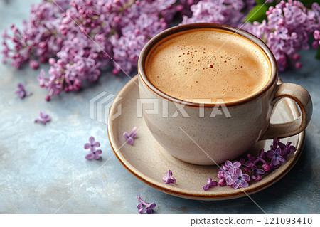 Hot latte coffee and lilac flowers on white stone background. 121093410