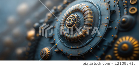 Detailed swirling patterns in a stunning artwork display a blend of textures and colors, capturing the viewers eye with intricate designs and artistic craftsmanship. 121093413