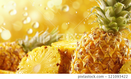 Juicy pineapples and their slices are arranged on a bright table with a blurred yellow background. This vibrant setting evokes a summery and tropical feeling of freshness. Juicy pineapples and their slices are arranged on a bright table with a blurred yellow background. This vibrant setting evokes a summery and tropical feeling of freshness. 121093422