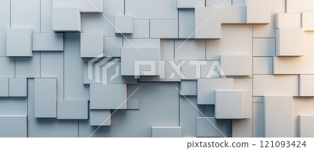 A textured wall features overlapping white geometric shapes in various sizes. The arrangement creates a dynamic visual effect, giving a contemporary and minimalist aesthetic to the space. A textured wall features overlapping white geometric shapes in various sizes. The arrangement creates a dynamic visual effect, giving a contemporary and minimalist aesthetic to the space. 121093424
