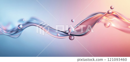 Water waves flow gracefully in a soft gradient of colors, with sparkling droplets suspended in the air. This tranquil display captures the beauty of fluid dynamics and movement. 121093460
