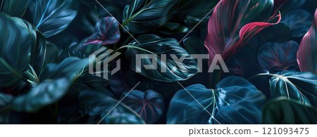 A close up view reveals various lush green leaves with striking patterns and hues. The vibrant foliage creates a rich atmosphere, showcasing natures intricate beauty. 121093475