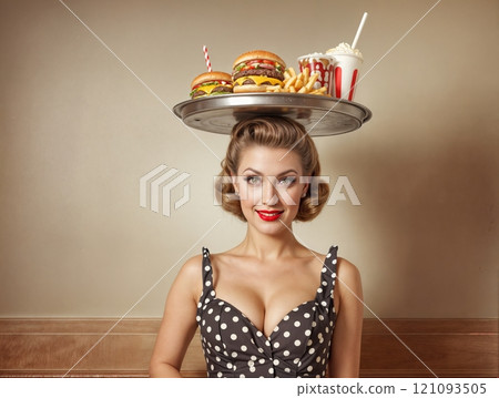 Retro pin-up girl image with a fast food restaurant tray on her head. AI generation 121093505