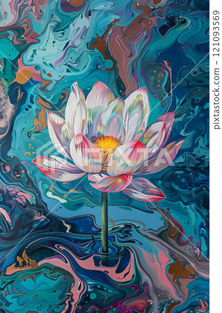 White pink waterlily or lotus flower in pond. 121093569