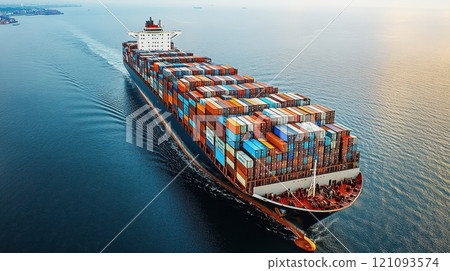 Large cargo ship transporting containers in open water during sunset. Generative AI 121093574