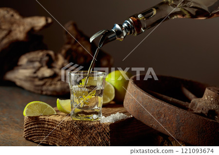 Tequila is poured from a bottle into a glass. 121093674