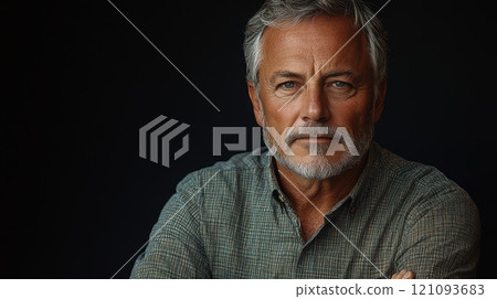 Older man with gray beard poses seriously in a dark setting indoors. Generative AI Older man with gray beard poses seriously in a dark setting indoors. Generative AI 121093683