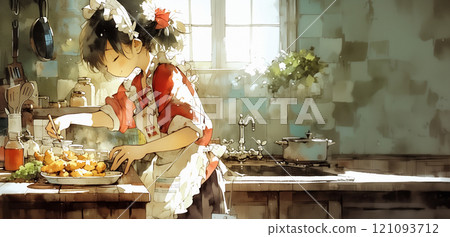 A woman cooking. Watercolor painting. Illustration A woman cooking. Watercolor painting. Illustration 121093712