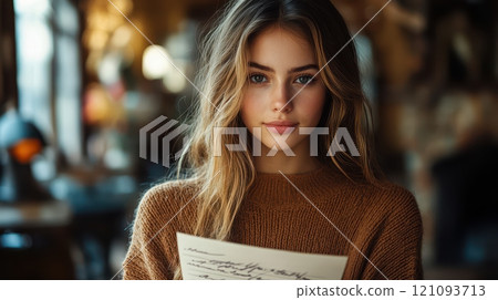 Young woman holding a menu in a cozy cafe setting during afternoon. Generative AI 121093713