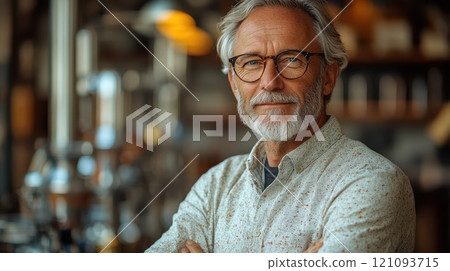 Elderly man with glasses poses confidently in a cozy cafe setting. Generative AI 121093715
