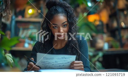 Young woman writing notes at a cozy indoor cafe surrounded by plants. Generative AI 121093719
