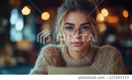 Young woman in cozy sweater reads menu in warm cafe atmosphere. Generative AI 121093723
