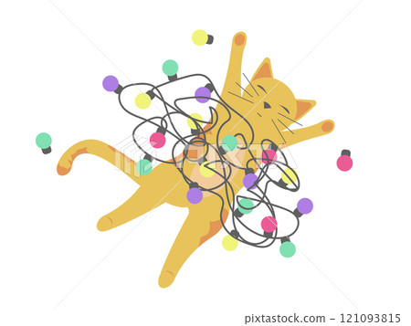 Cute cat fell asleep stuck in garland lights. Cute cat fell asleep stuck in garland lights. 121093815