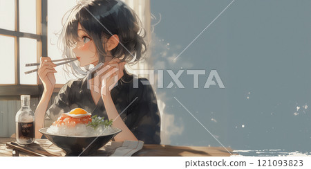一個女人在吃早餐。水彩。插圖。 121093823