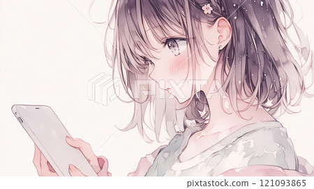 Pensive woman. Watercolor. Illustration. 121093865