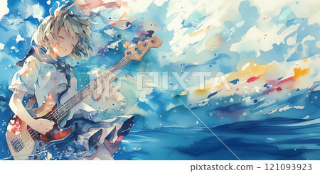 彈奏貝斯的女孩。水彩插圖 121093923