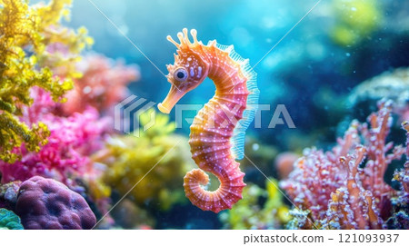 seahorse underwater between colorful corals 121093937