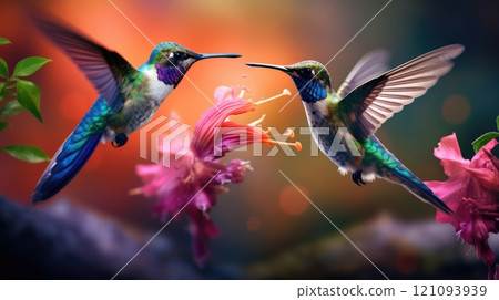 beautiful colorful colibri couple in nature landscape 121093939
