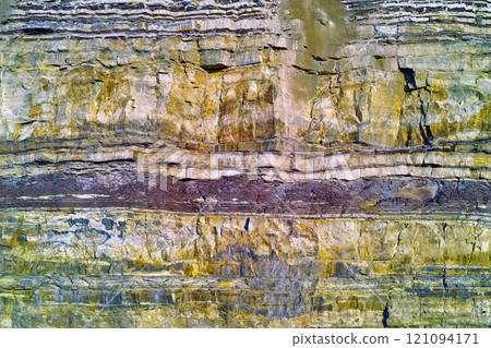 Background of textured layers of earth, sedimentary minerals and stones. Mining underground geological strata rock or sand for geology studies. Closeup of remote layered stone detail with copyspace 121094171