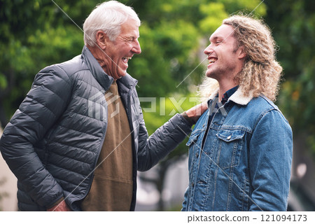 Outdoor, senior father and man with joke for laughing, connection and bonding together with happiness. Park, dad and adult son with embrace for love, relationship and support as family in nature Outdoor, senior father and man with joke for laughing, connection and bonding together with happiness. Park, dad and adult son with embrace for love, relationship and support as family in nature 121094173