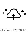 Icon features a cloud with an upward arrow, representing upload functionality. Surrounding it are minimalistic plus and cross symbols. Upload information, files, or video concept 121094175