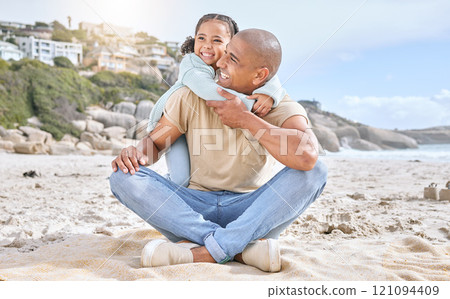 Shot of adorable little cheerful girl hugging her father from behind while bonding together at the beach. Carefree dad having fun with playful daughter during summer seaside vacation on the shore Shot of adorable little cheerful girl hugging her father from behind while bonding together at the beach. Carefree dad having fun with playful daughter during summer seaside vacation on the shore 121094409