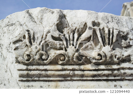 Closeup of ancient city ruins of Ephesus in Turkey. Traveling abroad and overseas for holiday, vacation, tourism. Excavated stone remains of historical building from Turkish history and culture 121094440