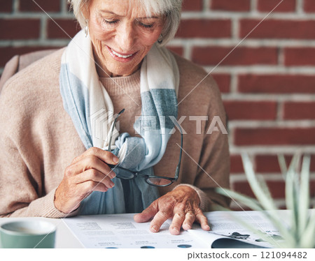 Reading, mature woman and investment with documents in the indoor for information about savings. Budget, investing and paperwork to read for retirement or insurance with glasses for planning pension. Reading, mature woman and investment with documents in the indoor for information about savings. Budget, investing and paperwork to read for retirement or insurance with glasses for planning pension. 121094482