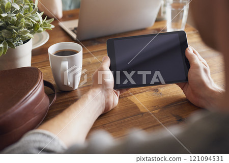 Hands, tablet and person with coffee in home, morning or ux with mockup space on blank screen. Digital touchscreen, ui and application for video streaming, notification or social network in apartment 121094531