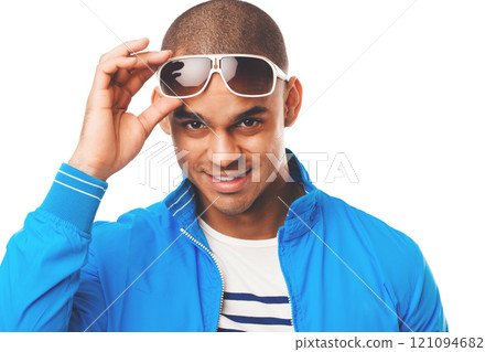 Man, studio and fashion with smile portrait, face and happy customer for stylish optometry sunglasses. Mockup, and summer for funky eyewear product, vision and optical deal for trend on backdrop 121094682