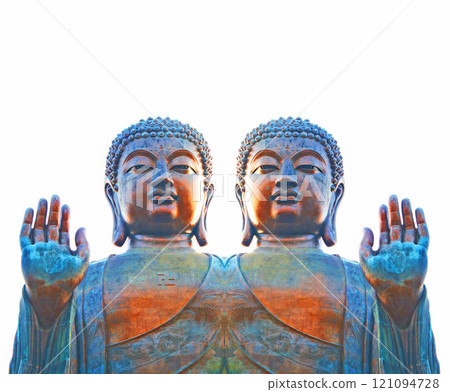Background. Buddhist god in an Abhaya mudra. An oxidized ancient statue of Lord Buddha with effect. Buddha figure holding up a right hand, a symbol of fearlessness and reassurance in a mirror effect. 121094728