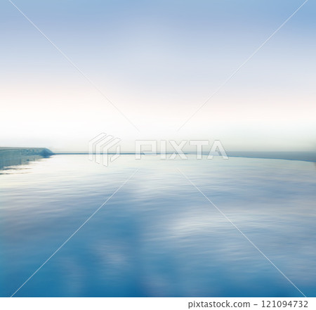 Infinity pool and a blue sky with copyspace. The edge of a beautiful and calm outdoor swimming pool with clear, clean water overlooking the horizon at a resort or luxury holiday villa during summer 121094732