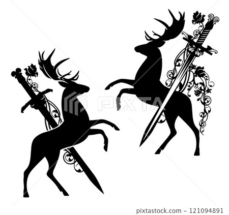 rearing up rampant deer stag and knight sword black and white heraldic vector design 121094891