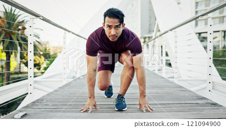 Portrait, start and man in city, runner and fitness with exercise, bridge and training. Asian person, outdoor and athlete with practice, hobby or cardio with workout and wellness in New York 121094900