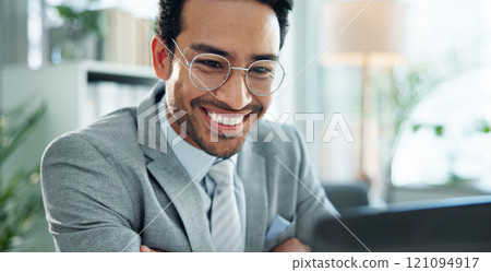 Smile, laptop and reading with business man in office for email, research or corporate governance specialist. Stakeholder liaison, crm manager and news with person in firm for report and compliance 121094917