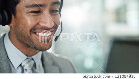 Man, call center and smile with computer, headset and customer service with reading in modern office. Person, consultant or agent with microphone, happy and voip connection for support at help desk Man, call center and smile with computer, headset and customer service with reading in modern office. Person, consultant or agent with microphone, happy and voip connection for support at help desk 121094933